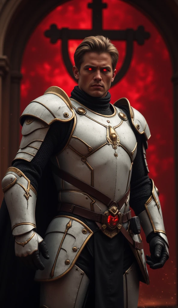  is possessed by a demon, a holy knight commander.A full-body image of an adult male . muscular body .Wear white gold holy knight armor. Eyes Deep Red . standing inside a mysterious black and red church.Bold composition 