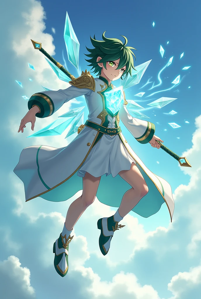 Um jovem homem adolescente com cabelos vermelhos e brancos com olhos verdes e asas de anjo,and a white outfit with black details on the left hand controlling the blood and on the right hand a dark blue sword
