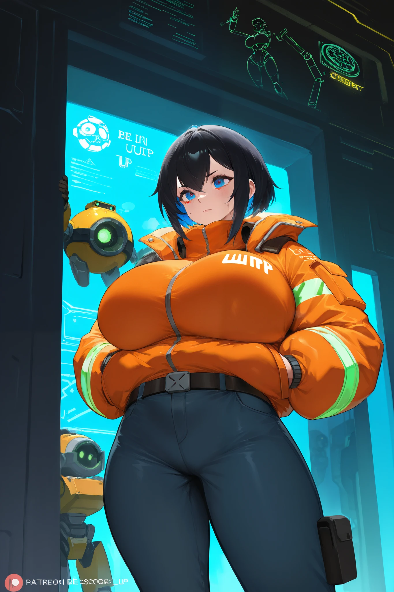 1 girl,  engineer draws,  big breasts,  big booty ,  Wearing a warm jacket, pants, be in the workshop, robots , cyberpunk environment. 