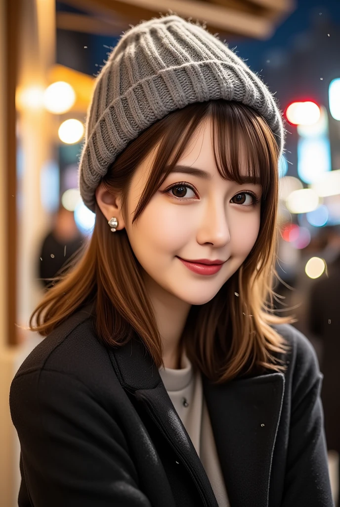 12Ｋ、ＨＤＲ、  Japanese 、 bit depth 10 bits  、 ( warm outerwear ),((Knitted hat )),  (  realistic  ,   photo realistic  :1.4), masterpiece,      Very Delicate and Beautiful     ,    very detailed with crimson hair,     very detailed with crimson hair目と顔,     beautiful detailed nose ,    Beautiful Detailed Eyes  ,    cinematic lighting,City lights at night,   COMPLETE ANATOMY  ,smile  (  hair is swaying a lot like、  light brown hair  ,)、smile、   A woman who exudes mature sex appeal 、((Snow falls in the background   ))  、((I can see snow in the background  )) 、 クリアホワイトスキン  、   happy face、(((Full body photo)))、 Portrait Style 、((( white teeth visible)))、