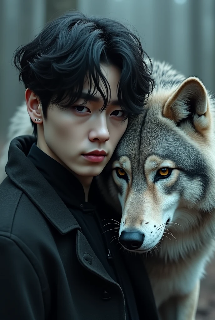 Create an image of a white Korean with a semi-long cut, black hair and a white shirt open at the chest, Black pants, yellow eyes and with a gray wolf at his side with yellow eyes