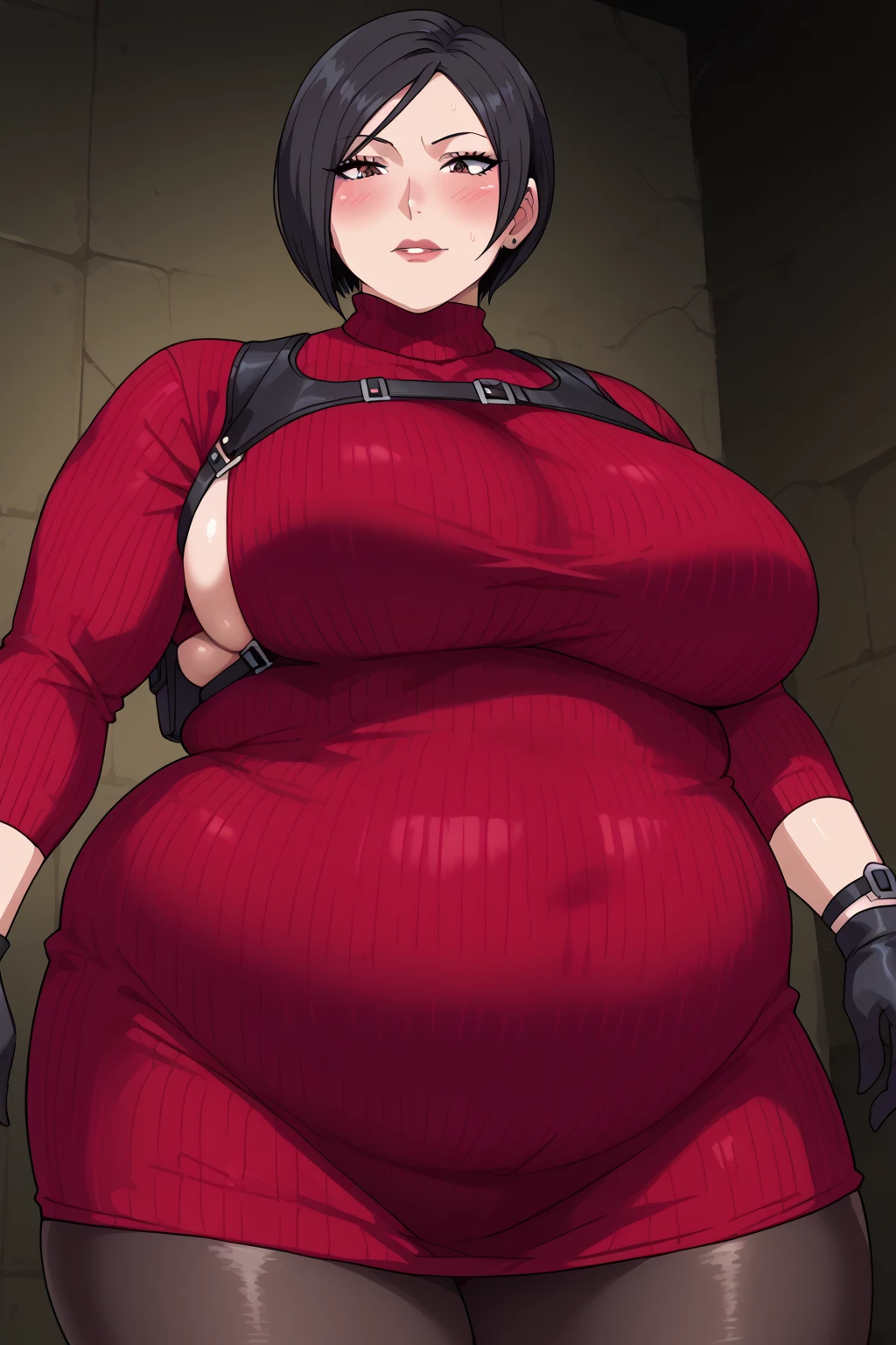 ada wong,Black Hair,  short hair,  dark eyes,  red sweater ,  turtleneck , Harness,  pantyhose,  Black Gloves , belt,  score_9,   score_8_up,   score_7_up,   score_6_up,   score_5_up,   score_4_up,     Masterpiece  ,   top quality,   Very Aesthetic,   absurd,   source_Anime, Anime screencap,   one woman , Alone,  personal  ,  Super huge breasts, ((( super huge clevis, Super huge , Super huge boob))), Curvy,  chubby , Mature Woman,  obese body type, blush,  troubled expression,　 sloppy stomach , puzzled expressions,In the dark castle