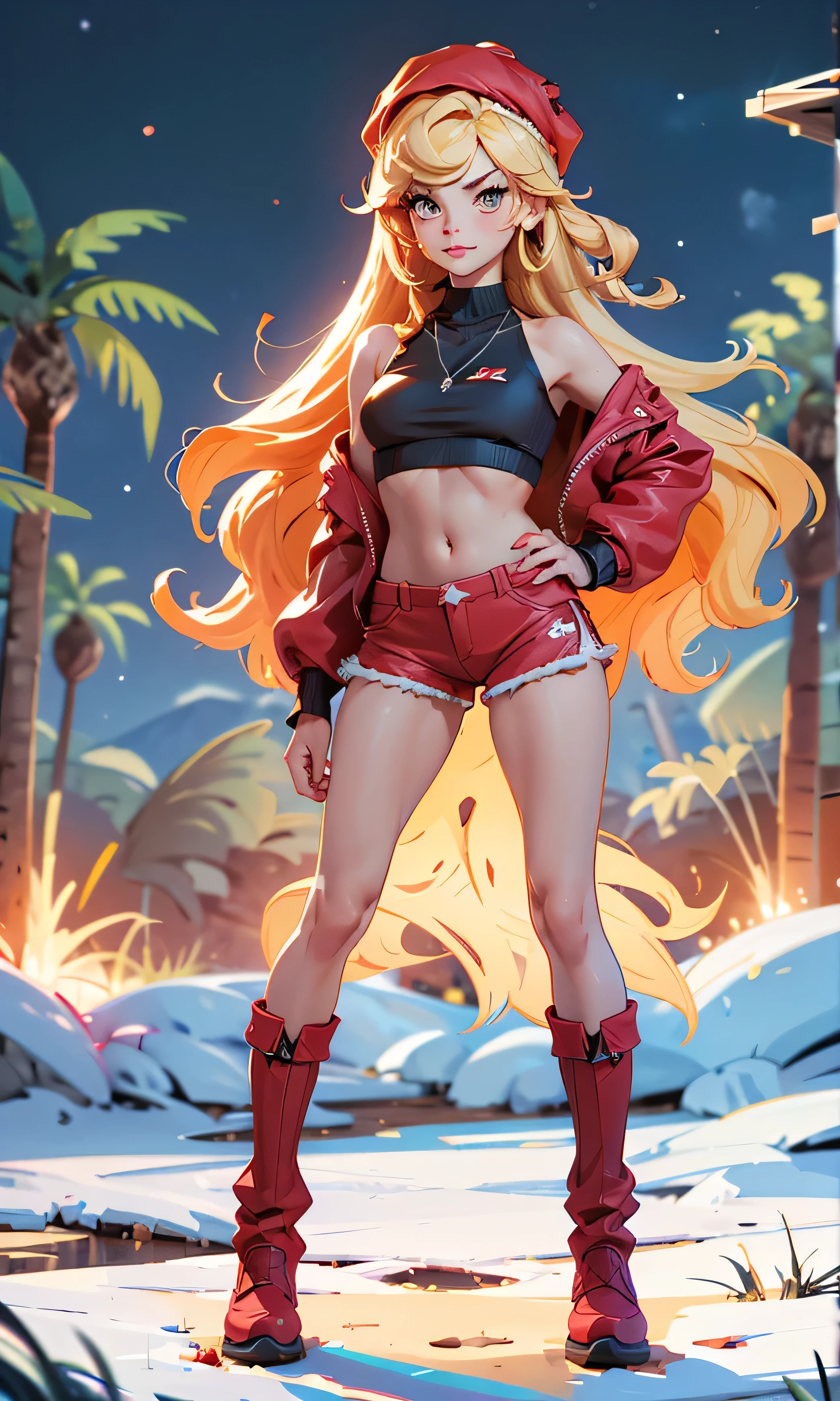 Masterpiece, 1 girl, beautiful, slim, head on, looking at the spectator , long hair, blond hair , brown eyes, arched eyebrows , Full body , pretty legs, abdomen plano, Kpop outfit , wool cap, Red micro top , Crop top, hombros descubiertos, neckline, Ripped top , red shorts, red winter boots, (((desnuda))), in the woods, dark sky, dry trees ,