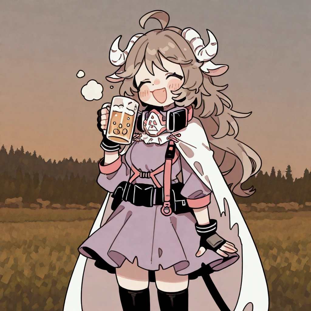 1girl\(Eyjafjalla\(arknights\), curled horns, ahoge, mask around neck, purple dress, white cape, fingerless gloves, black thighhighs,drinking beer at izakaya,eating edamame,big smile,open mouth,eyes closed, relaxed,happy hour\). BREAK .quality\(8k,wallpaper of extremely detailed CG unit, high resolution, top-quality, top-quality real texture skin, hyper realistic, increase the resolution, RAW photos, best quality, highly detailed, the wallpaper, golden ratio, high saturation realism, vibrant colors, dramatic lighting, persuasive storytelling, atmospheric scenery, captivating visuals, intricate details, strong emotions, dreamlike world\).(long shot),wide shot,landscape,blured background,(art by Maurits Escher:1.3)