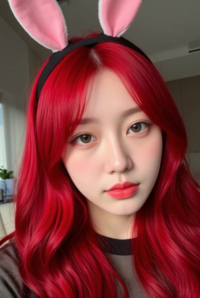 close de uma mulher with red hair usando uma faixa com orelhas de coelho, Lalisa Manobal, pale red, ulzzang, Red color, red wig, with red hair, Lalisa Manoban do Blackpink, Red color, red dyed hair, linda Delphine, too red, crimson red hair and red eyes, with long red hair, socmed 