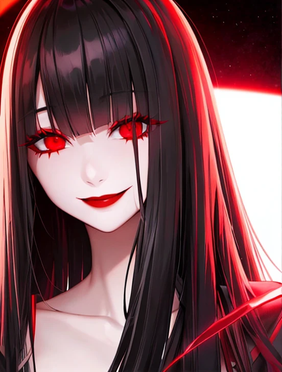 Horror woman, red light eyes, smile, long hair black, dark, she is solo, red lipstick,