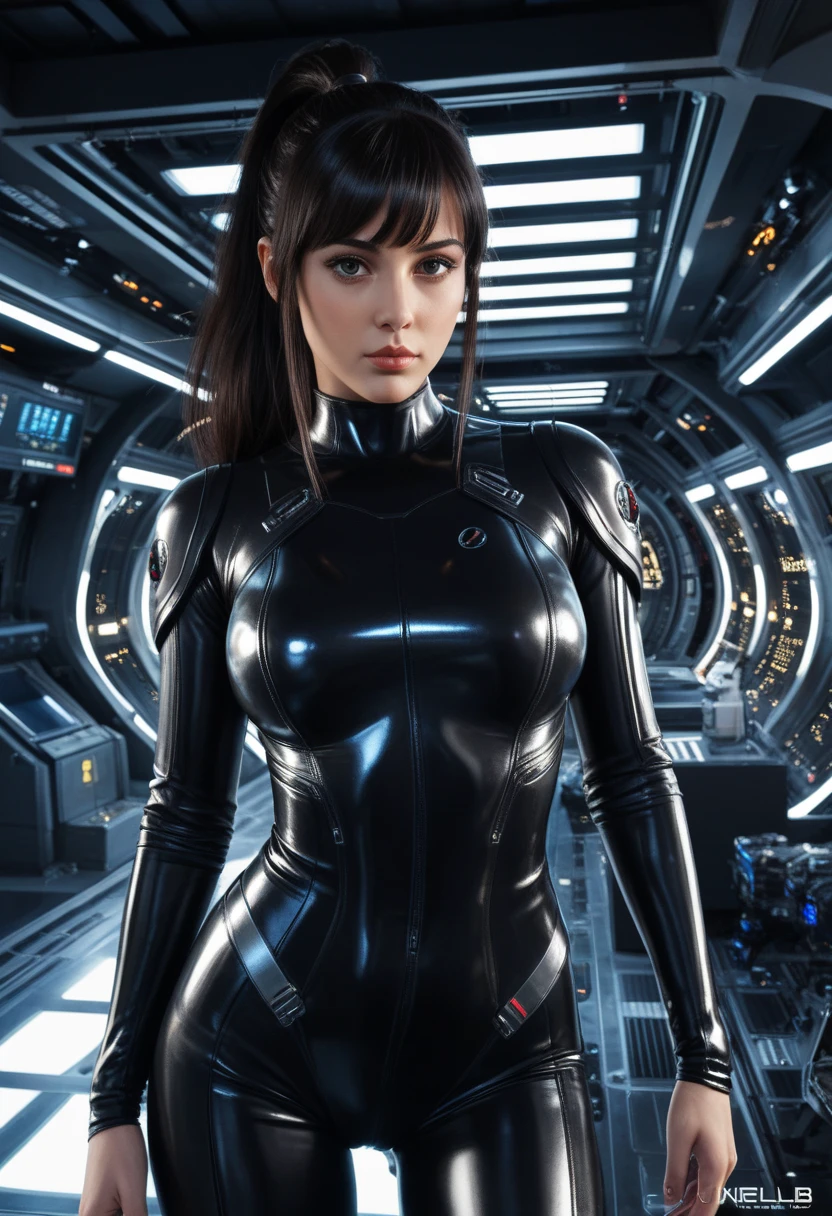 Score_9, score_8_up, score_7_up, score_6_up BREAK Fuj1noLB, 1girl, black hair, long hair, black eyes, ponytail, bangs, bodysuit, looking at viewer, mech pilot, mechanical background, futuristic, sci-fi, shiny, glossy, highly detailed, beautiful art, beautiful background, beautiful lighting