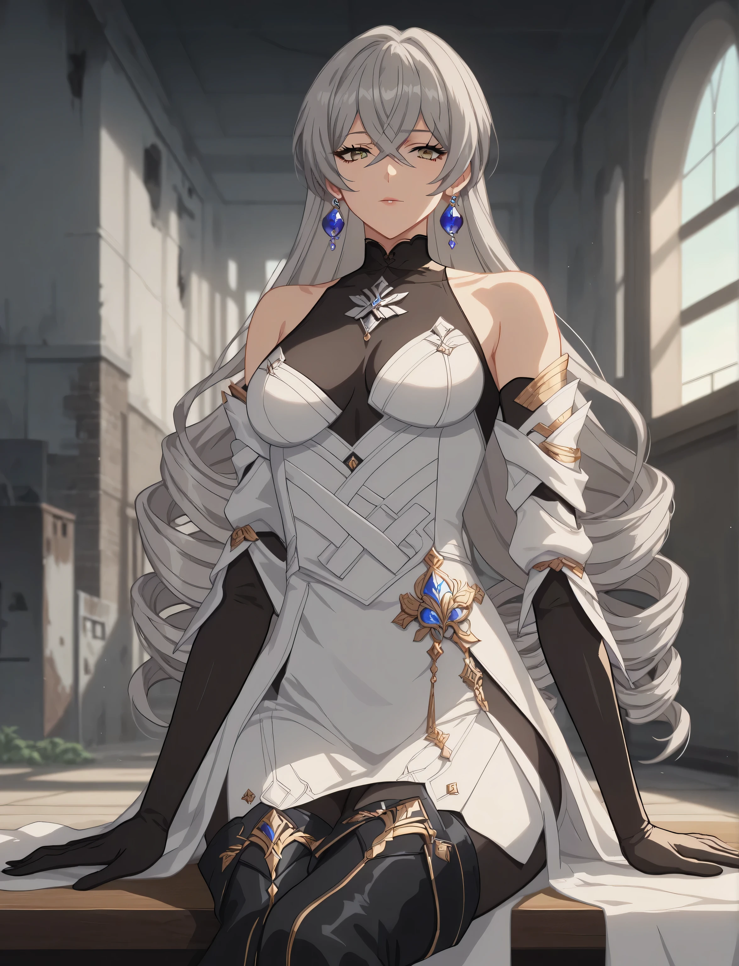 masterpiece, best quality, (anime screencap), 1woman, bronya, grey hair, twin drills, very long hair, crossed bangs, grey eyes, ((mature female, sexy body, medium breasts)), white dress, black bodysuit, bare shoulder, jewelry, earrings, detached sleeves, black elbow gloves, black pantyhose, thigh boots, perfect fingers, perfect body, sitting pose, indoors, abandoned building, simple backround,