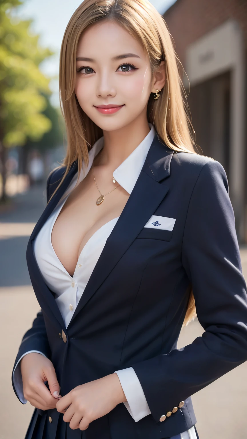 (high school girl suit uniform : 1.5), (upper body : 1.5), bangs, smile, (School Background : 1.5), (Blonde : 1.5), young and adorable Japanese face, Official Art, high definition CG Unity 8k wallpaper,Ultra high definition ,Very detailed, half photos with Brazil, high definition , Kodak Portrait 400, film grain , lens flare glow, best quality,8k, as a portrait shot,8k, Show viewer , ((masterpiece)), (( best quality)), ( super detailed), smile, (( sexy)), (( Very detailedな)), (detailed clothing features), (beautiful), Illustration, beautiful Japanese woman, ((1 female)), (Bold Cleavage : 1.3)