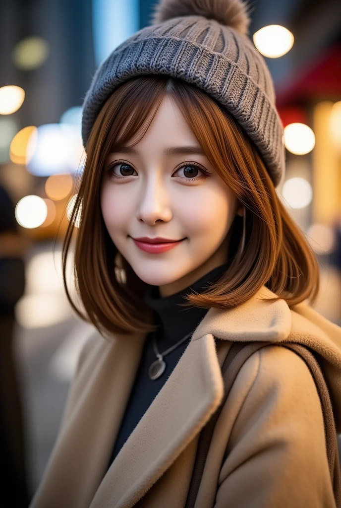 12Ｋ、ＨＤＲ、  Japanese 、 bit depth 10 bits  、(((Full body photo)))、 ( warm outerwear ),((Knitted hat )),  (  realistic  ,   photo realistic  :1.4), masterpiece,      Very Delicate and Beautiful     ,    very detailed with crimson hair,     very detailed with crimson hair目と顔,     beautiful detailed nose ,    Beautiful Detailed Eyes  ,    cinematic lighting,City lights at night,   COMPLETE ANATOMY  ,smile  (  hair is swaying a lot like、  light brown hair  ,)、smile、   A woman who exudes mature sex appeal 、((Snow falls in the background   ))  、((I can see snow in the background  )) 、 クリアホワイトスキン  、   happy face、((( white teeth visible)))、