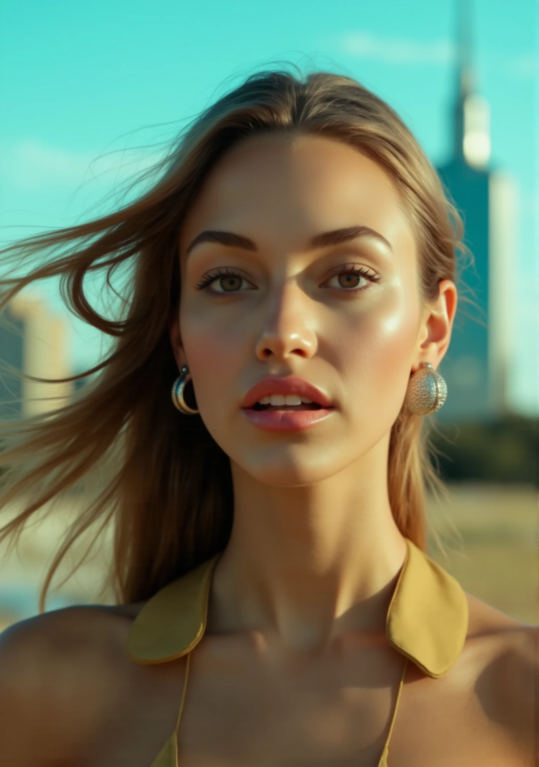 photograph, a beautiful ad with Tapered lines and flowing details is presented by a Charming model with Obscene Magenta eyes. The background of the scene is a full color green over the shoulder shot, with a towering skyscraper in the distance. The ad's hair is blowing in the wind, Sony A7, 50mm, aidmaRealisticPeoplePhotograph