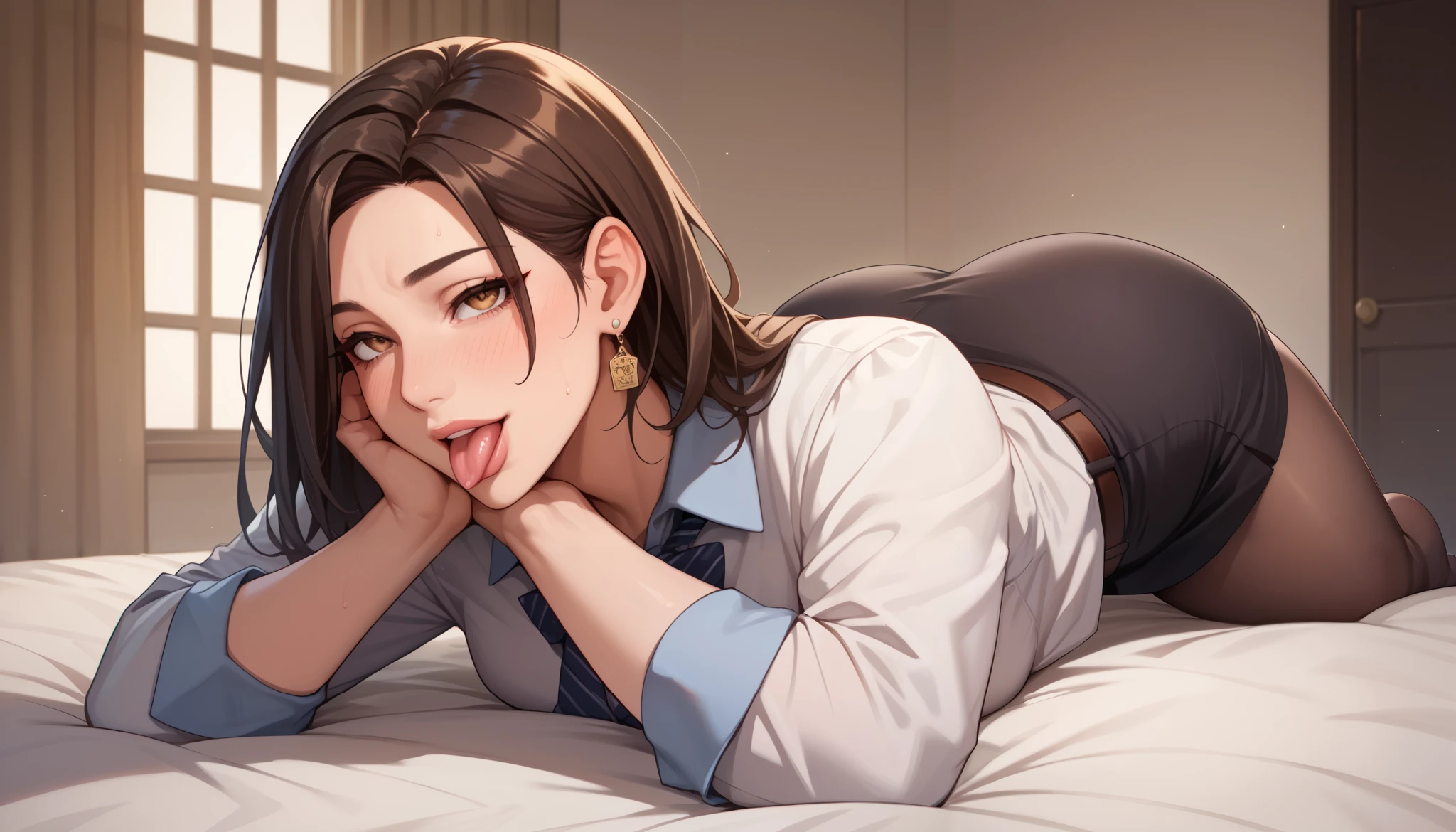 Score_9, Score_8_up, Score_7_up, Score_6_up, Score_5_up, Score_4_up, Source_anime, Tag1, Tag2, Best quality, High quality, Detailed, High resolution, 8k, Ultra high res, Soft saturation, Professional quality, Perfect contrast, Perfect litthing, Anatomically correct, Huge breasted, Wide hips, Gargantuan butt, Sensual woman, mature female, milf, motherly, Tongue out, seductive BREAK Face focus, Looking up, Top-down, Leaning forward, fully clothed
