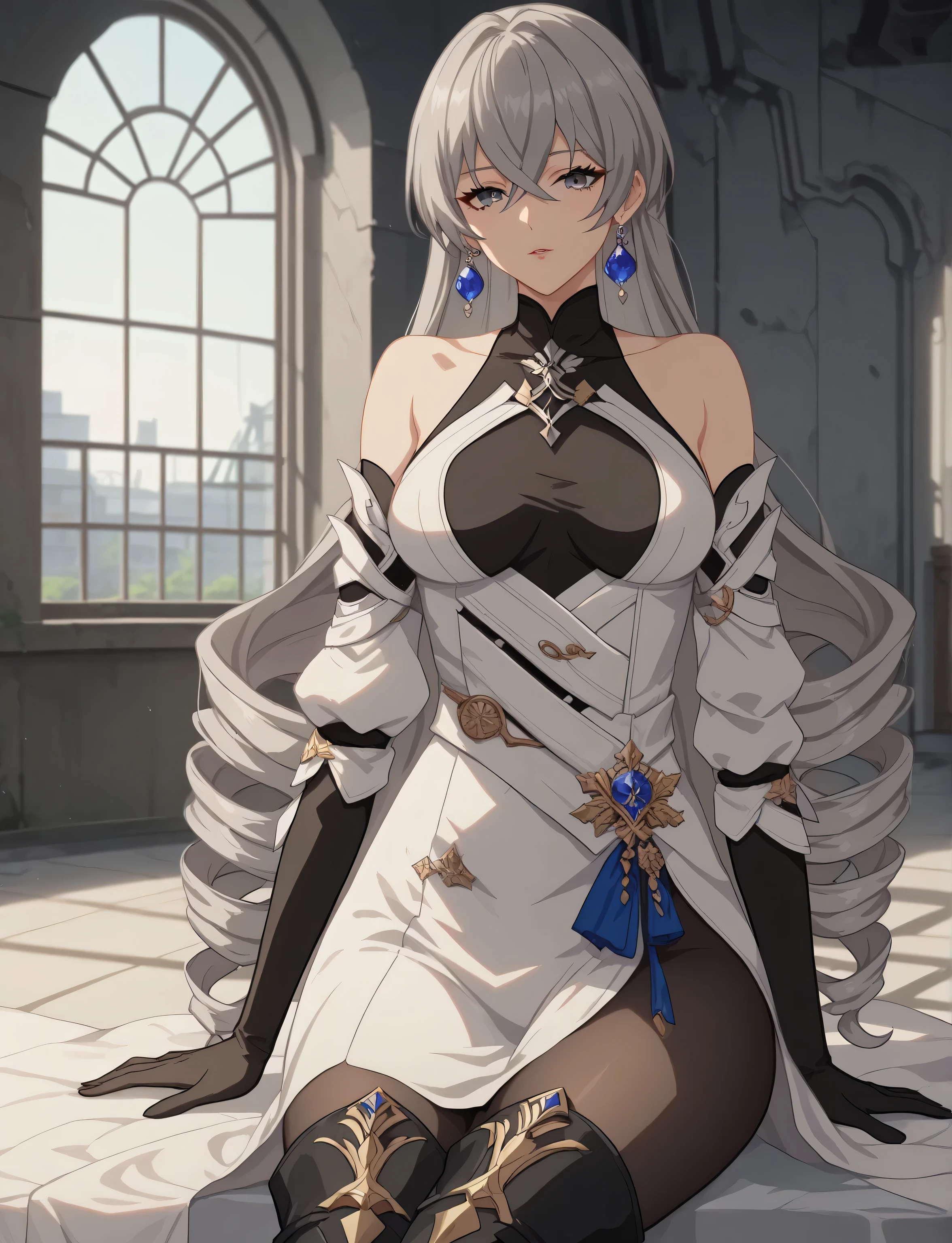 masterpiece, best quality, (anime screencap), 1woman, bronya, grey hair, twin drills, very long hair, crossed bangs, grey eyes, ((mature female, sexy body, medium breasts)), white dress, black bodysuit, bare shoulder, jewelry, earrings, detached sleeves, black elbow gloves, black pantyhose, thigh boots, perfect fingers, perfect body, sitting pose, indoors, abandoned building, simple backround,