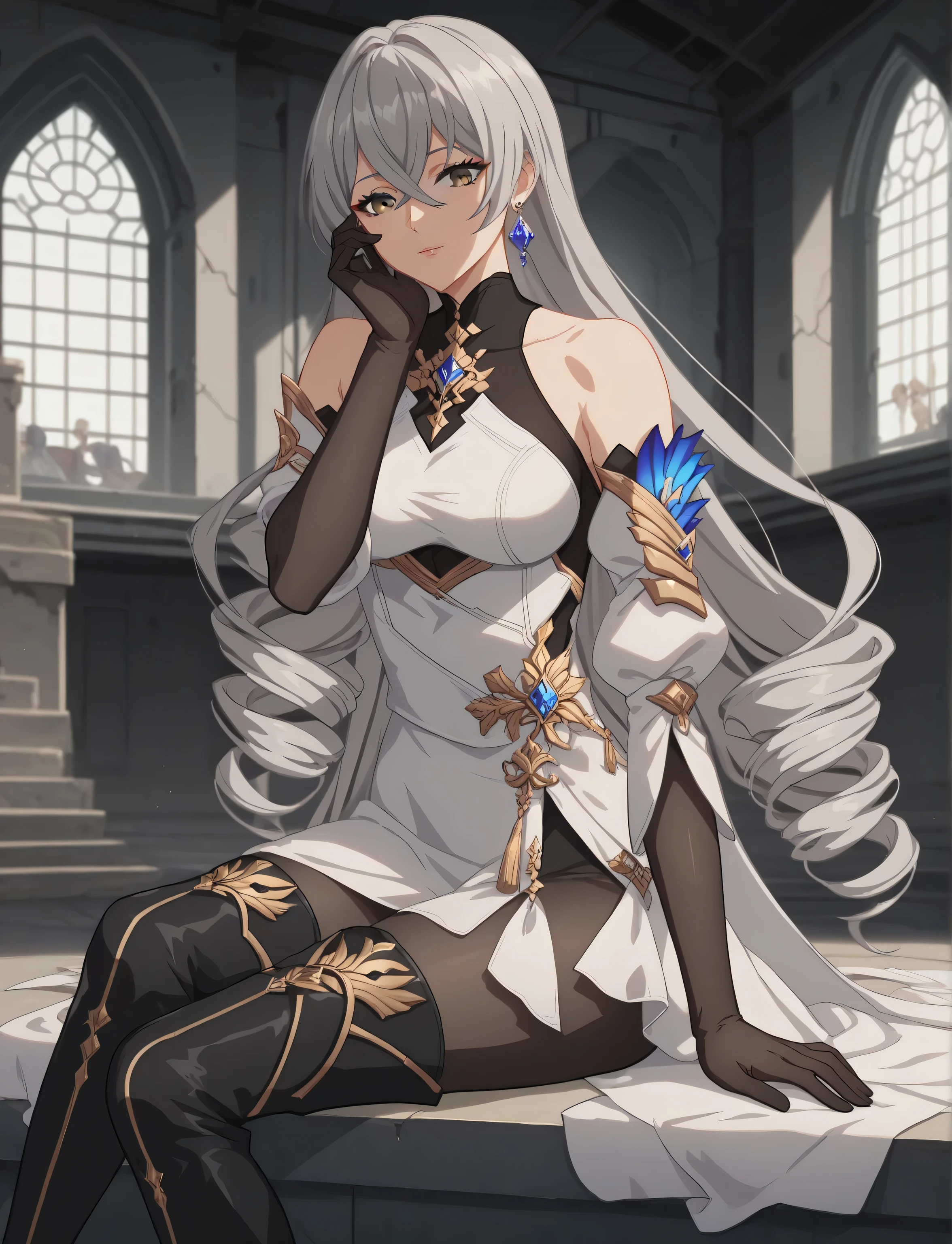 masterpiece, best quality, (anime screencap), 1woman, bronya, grey hair, twin drills, very long hair, crossed bangs, grey eyes, ((mature female, sexy body, medium breasts)), white dress, black bodysuit, bare shoulder, jewelry, earrings, detached sleeves, black elbow gloves, black pantyhose, thigh boots, perfect fingers, perfect body, sitting pose, indoors, abandoned building, simple backround,