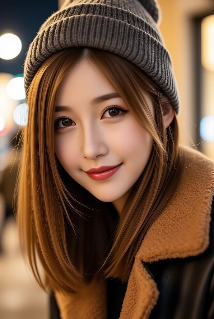 12Ｋ、ＨＤＲ、  Japanese 、 bit depth 10 bits  、(((Full body photo)))、 ( warm outerwear ),((Knitted hat )),  (  realistic  ,   photo realistic  :1.4), masterpiece,      Very Delicate and Beautiful     ,    very detailed with crimson hair,     very detailed with crimson hair目と顔,     beautiful detailed nose ,    Beautiful Detailed Eyes  ,    cinematic lighting,City lights at night,   COMPLETE ANATOMY  ,smile  (  hair is swaying a lot like、  light brown hair  ,)、A woman who exudes mature sex appeal 、((Snow falls in the background   ))  、((I can see snow in the background  )) 、 クリアホワイトスキン  、   happy face、((( white teeth visible)))、