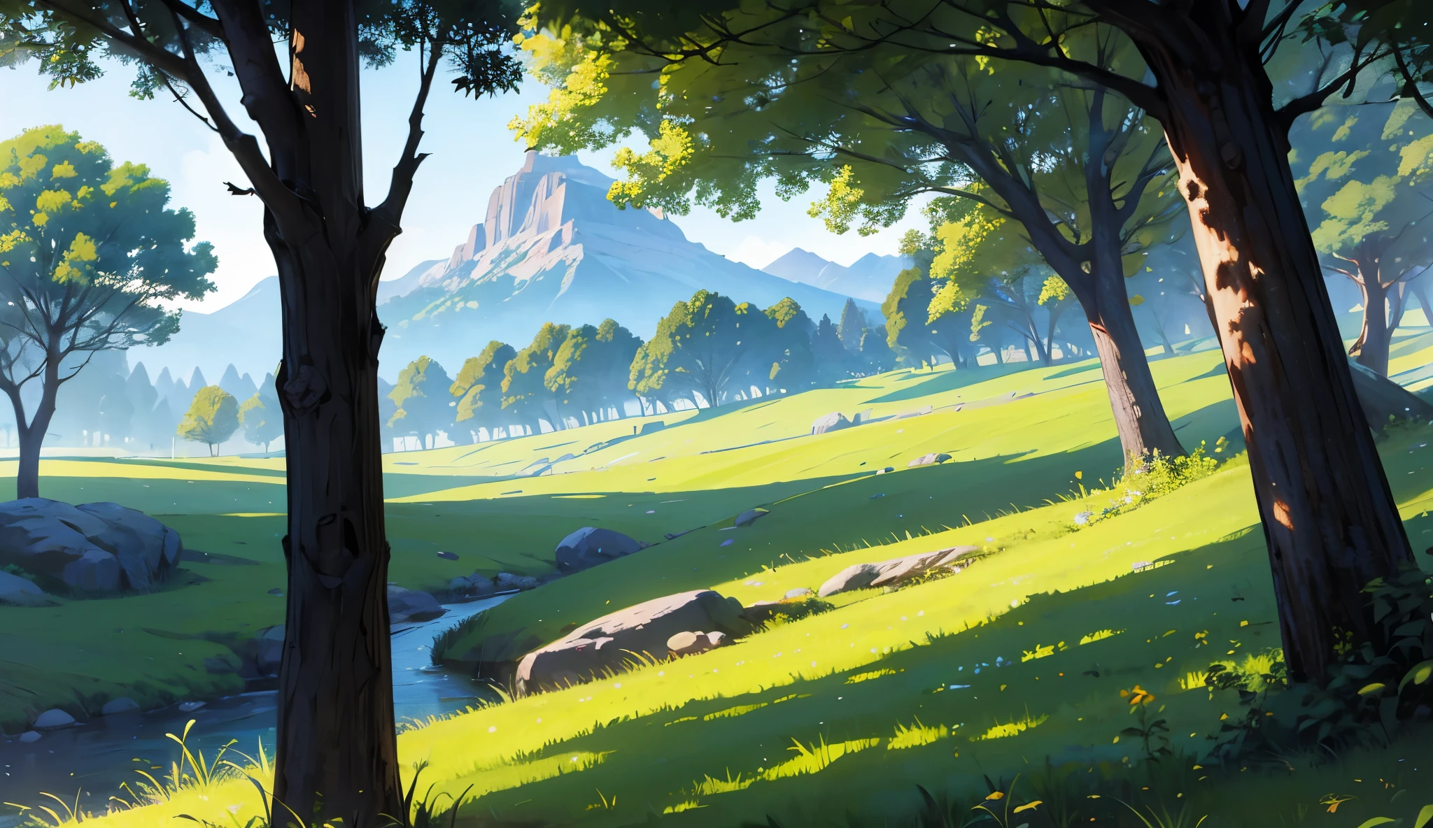 color illustration of open ground, battle ground in Indian forest landscape with, open ground, Open battel field, surrounding trees, mountain, reaching towards the sky with branches outstretched, providing shade and sanctuary in this natural oasis , splashes of color painting the landscape with hues of green, a breathtaking display of nature's artistry, morning light, golden light, Disney style, 2D style