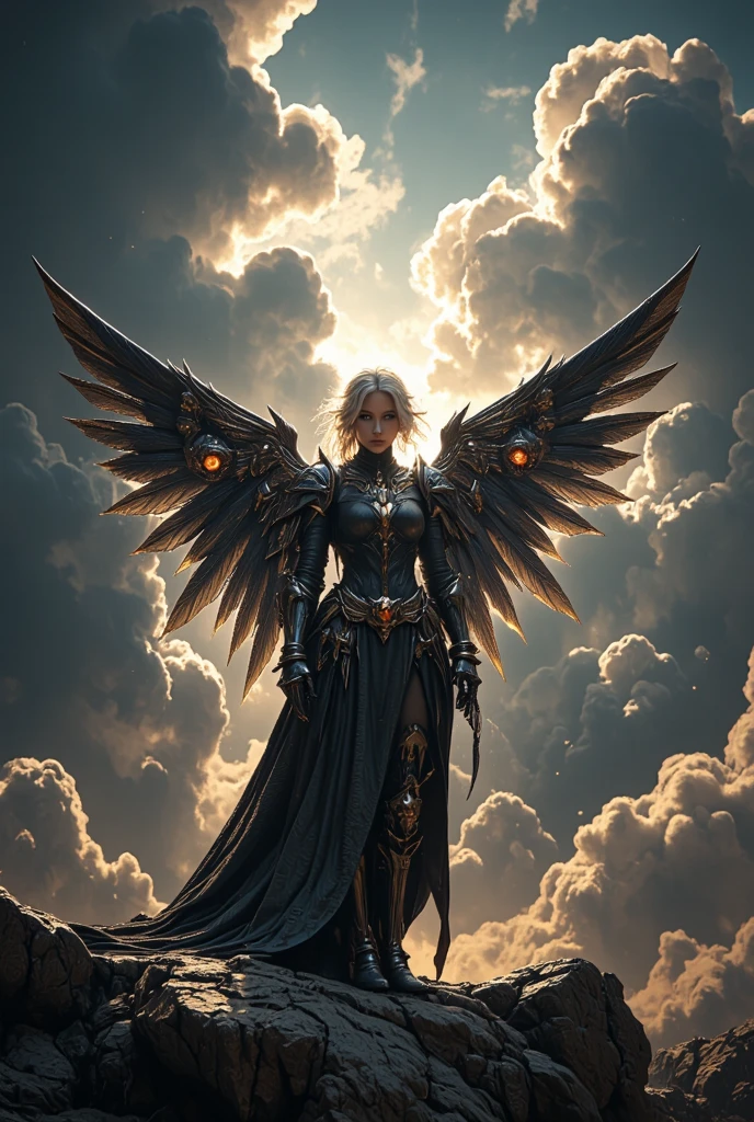 a girl with dark skin, white hair, cybernetic clothing, wings with eyes, dark sky, large clouds parting, bright sunlight and rays, hyper detailed, 8k, photorealistic, cinematic lighting, dramatic, concept art, science fiction