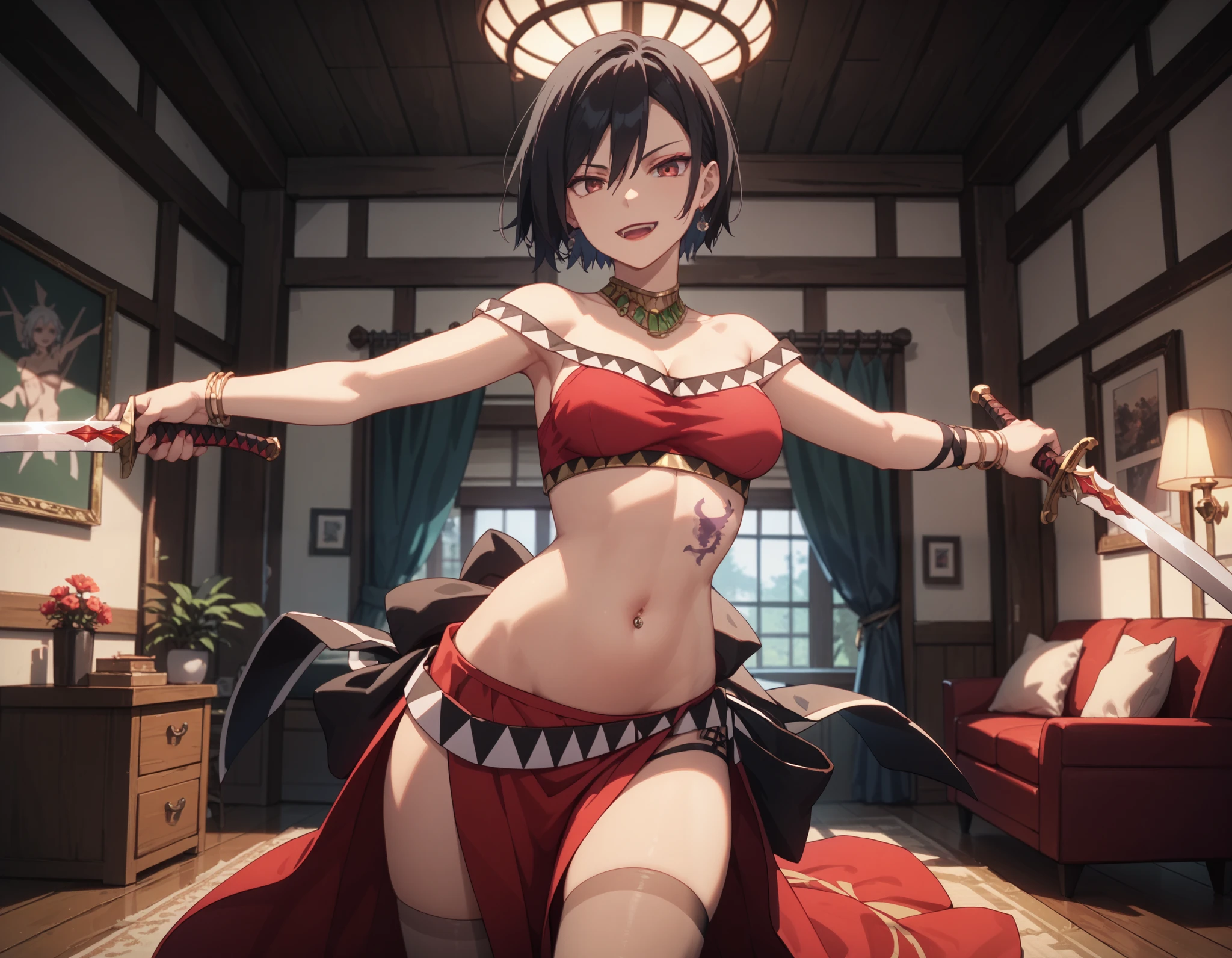 dtbshaozi, best quality, masterpiece, uncensored,1girl, solo,tsurime,black hair,stomach tattoo, midriff, short hair, breasts, navel, earrings, cleavage, medium breasts, bracelet, red eyes, necklace, makeup,lipstick, thighhighs,  indoors,room, holding a sword, sword, dual wielding, evil smile, open mouth, smile, outstretched arms, navel piercing, 