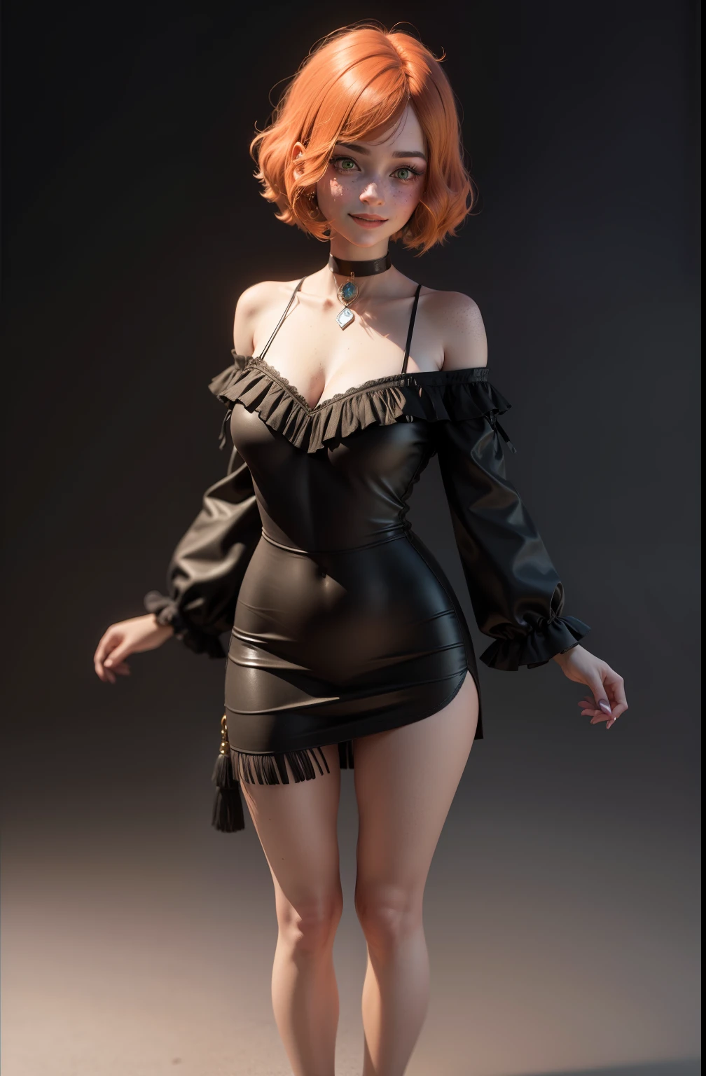 masterpiece, best quality,3d rending work ,3DMM style, pro nude photography, 3D,1 nude girl, solo, erotic photo, multicolored hair, orange hair, black hair, necklace, freckles, jewelry, two-tone hair, looking to the side, lustful look, realistic, full naked body, simple background, bangs, looking away, short hair, parted lips, black eyes, lips, gothic, choker, makeup, mole, fashion pose, post punk, dark wave