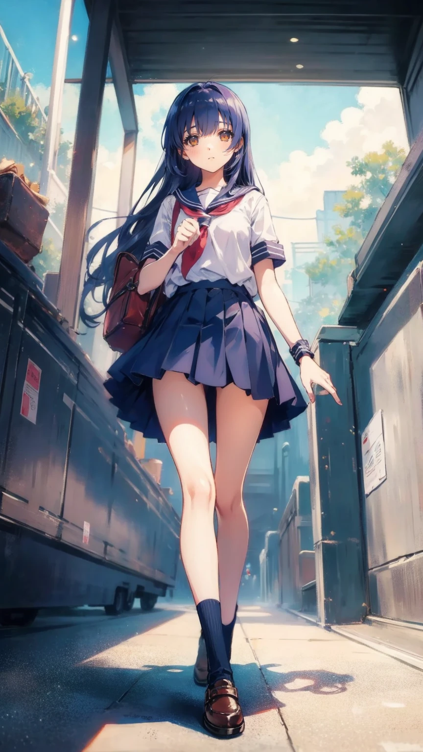 Best Divine Quality ,  super detailed ,   Anime Cute Art Style  , Best Anime 8K Konachan Wallpaper , pixiv Contest Winner ,Perfect human body, ( Depicts a Girl Walking Sleepy to School. ),BREAK BREAK BREAK,  1 girl、Cool and beautiful girl, (own,Show on the, s,s:1.3),Junior high school students,  The appeal of bisexuality  ,  long hair, Forehead, limbs intact,  perfect to your fingertips, Flat-chested ,  small, between legs,  small eyes , Beautiful Delicate Dark Eyes , Balanced Student , Disgusted Eyes , School Uniform,   short skirt  ,Train Station，train，, high definition ,super delicate skin ,  Professional AI Creates the Best Lighting , Awareness-raising,