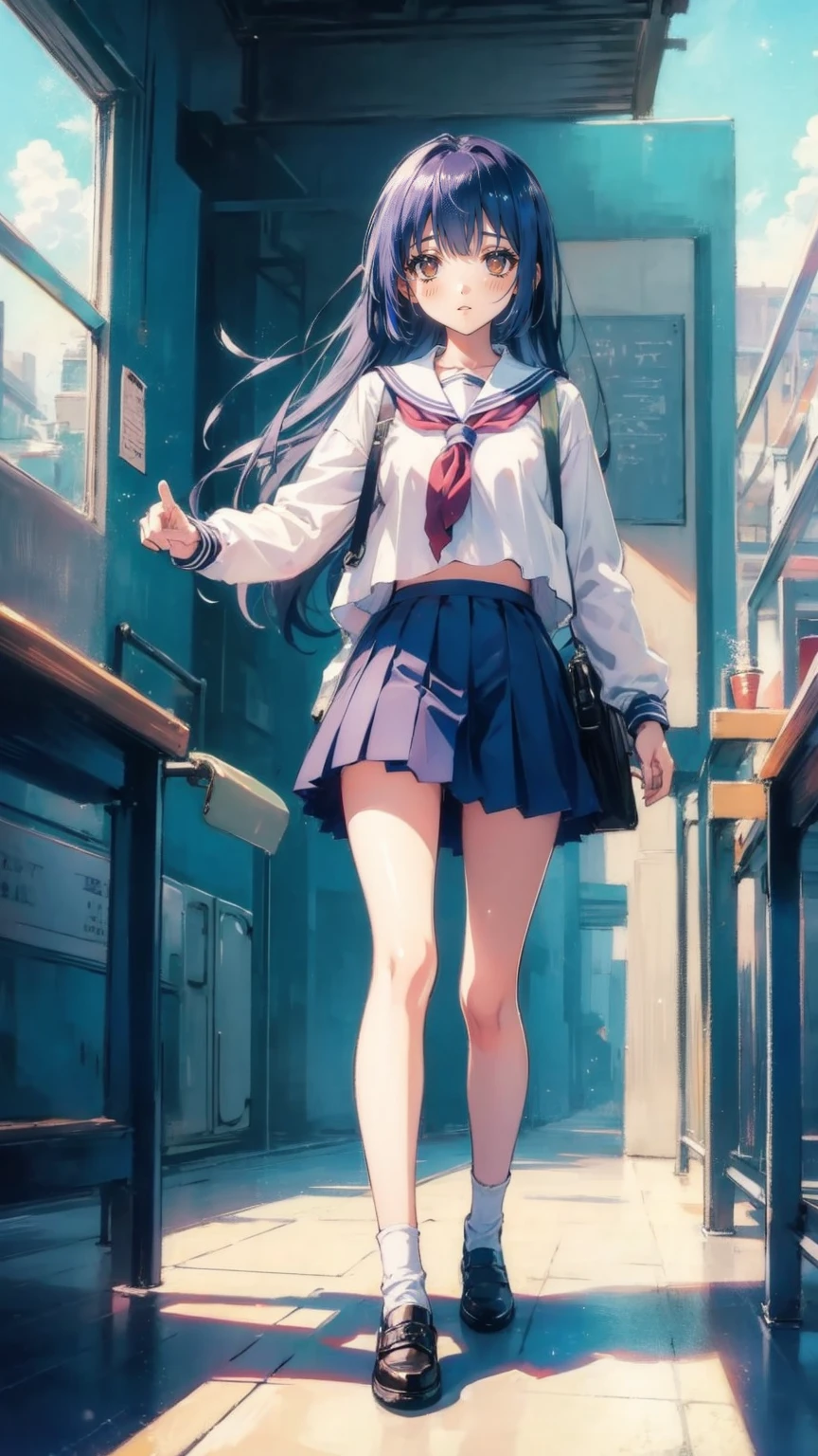 Best Divine Quality ,  super detailed ,   Anime Cute Art Style  , Best Anime 8K Konachan Wallpaper , pixiv Contest Winner ,Perfect human body, ( Depicts a Girl Walking Sleepy to School. ),BREAK BREAK BREAK,  1 girl、Cool and beautiful girl, (own,Show on the, s,s:1.3),Junior high school students,  The appeal of bisexuality  ,  long hair, Forehead, limbs intact,  perfect to your fingertips, Flat-chested ,  small, between legs,  small eyes , Beautiful Delicate Dark Eyes , Balanced Student , Disgusted Eyes , School Uniform,   short skirt  ,Train Station，train，, high definition ,super delicate skin ,  Professional AI Creates the Best Lighting , Awareness-raising,