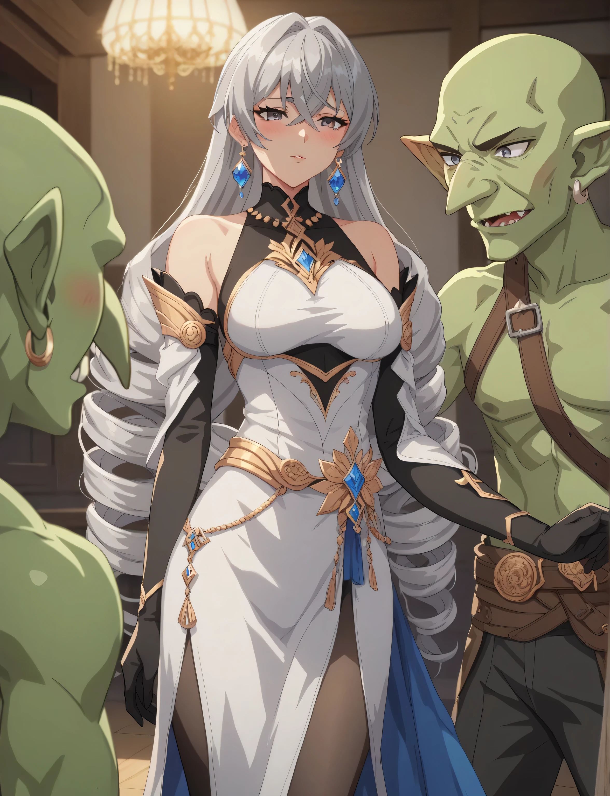 masterpiece, best quality, (anime screencap), 1woman, bronya, grey hair, twin drills, very long hair, crossed bangs, grey eyes, ((mature female, sexy body, medium breasts)), white dress, black bodysuit, bare shoulder, jewelry, earrings, detached sleeves, black elbow gloves, black pantyhose, perfect fingers, perfect body, blush, (green goblin, gangbang by goblin, romance themes), indoors, simple backround,