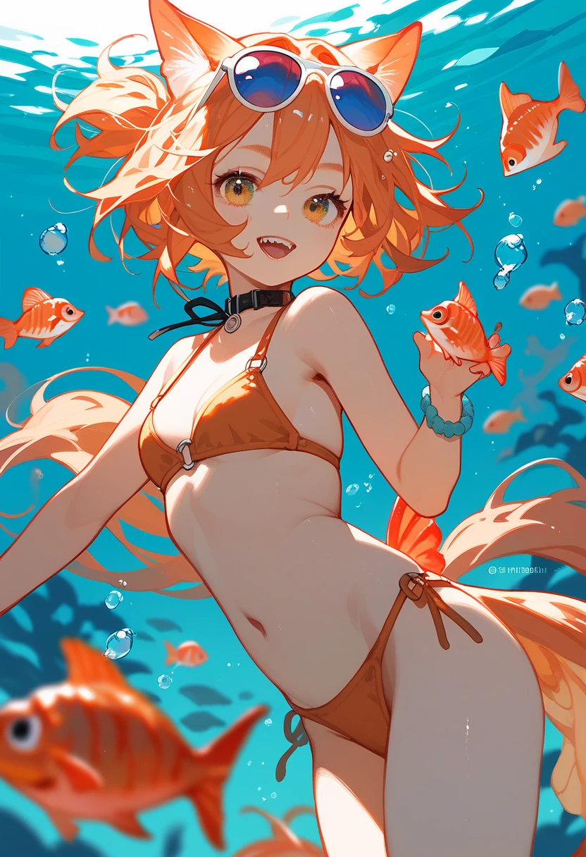 Magikarp_Pokemon, fish, splash, pectoral fins, two whiskers, loli, humanoid, bikini, on the floor, puddle, red skin, fish girl, 1firl, red hair, micro bikini