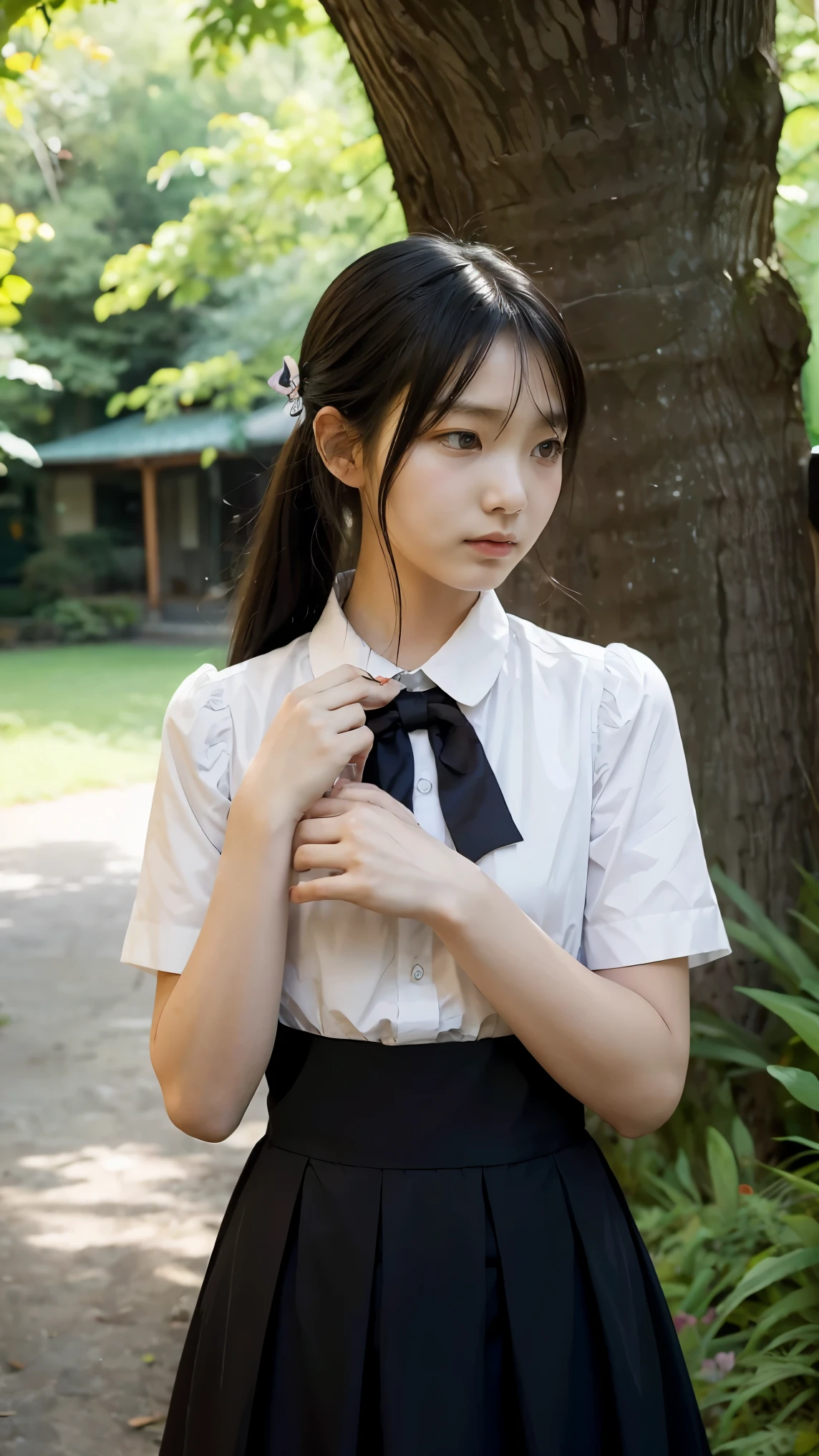 Kidnapped Woman、His hands are tied、((Place your hands behind your back))、((Place your hands together and cross them behind your back))、(((Her wrists are tied with rope、shibari)))、beauty、20age、university student、(anatomicaly, Has two arms and two hands)、Standing on a hill at night、There are a lot of trees、Beautiful night sky、There are many stars、A strong wind is blowing、Wearing a short-sleeved blouse、Wear a high school student-style miniskirt、Uniform eyes、Proportioned proportions、Model body type、Small breasts、Small face、(I can see from head to heel), Black Hair, bangs, swept bangs, Straight hair, Nervous, Messy Hair, Floating hair, Cinema Lighting, tachi-e, First-person view, throw, From behind, F/1.2, Nikon, Cowboy Shot, Surrealism, 超High resolution, Highest quality, High resolution, 8k, Textured skin, anatomicaly正しい体,