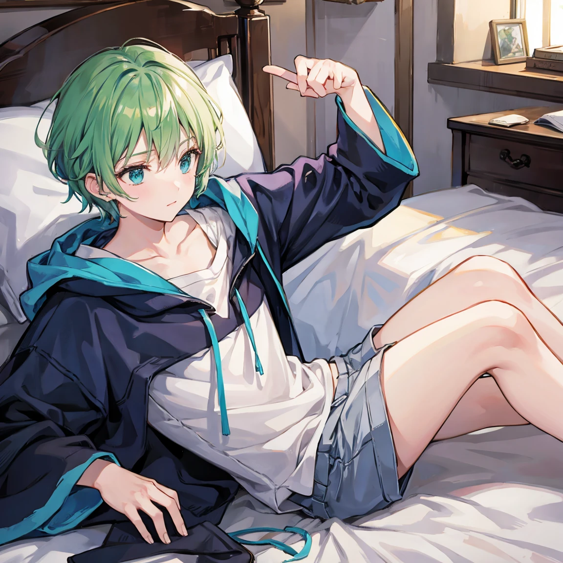 one girl, An anime girl is lying on the bed with green hair and red eyes, Cute anime girl visuals,   Anime Moe Art Style  , Rei Hiroe, Bun Head, 4K Manga Wallpaper, Green clothes,  top rated on pixiv, Best Anime 4K Konachan Wallpaper , Anime Wallpaper, On my bed, get up