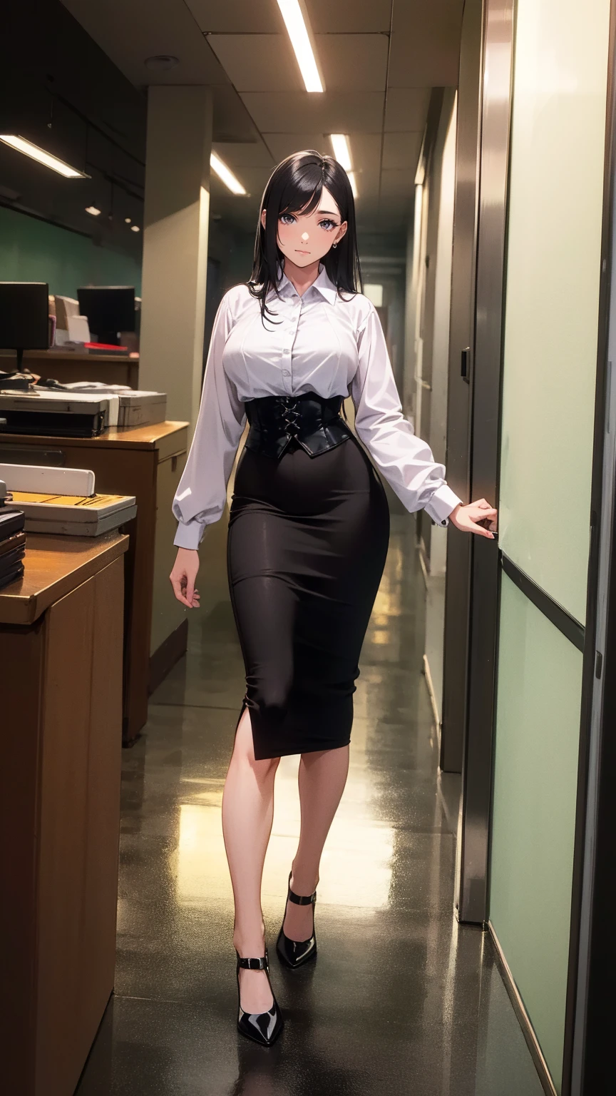 "Office lady sitting at her desk, Height: 163cm, Business chic , Victoria blouse,  slender 63cm waist , Full 93cm Hips,  Shapely legs ,   clear fair skin   (RGB: 255, 233, 209),  oval face with soft features ,  almond-shaped eyes  (Light green)  double eyelids in judo uniforms,  straight nose ,  natural pink plump lips  (RGB: 222, 165, 1)  long skirt without opening ,   long black hair , With subtle office-appropriate makeup、Focus on the eyes、Neutral lip color, wearing a crisp white Victoria blouse and a victorin waist corset,  subtile suitable for the office ,  long skirt without opening , Louboutin High Heels,  dark grey victorian long maxi skirt with makeup , whole body,  From behind ,  dark aesthetic , A combination of soft natural light and office fluorescent lighting, Adding glamour to a corporate portrait style, Shot with the Sony A1 mirrorless camera, 85mm F/1.4. GM Lens, ISO 200, 1/160 seconds, 50MP resolution, Focus on a professional look that subtly accentuates her curves --ar 2:3 --q 2 --s 850 --v 6.0 --style raw"