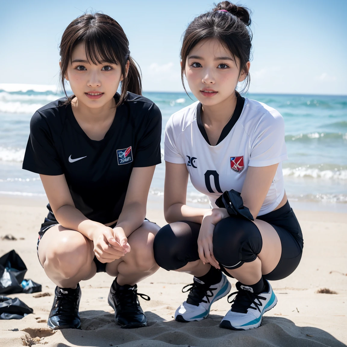 {2 beautiful Asian women volunteers, age 28, (wearing White Tight Lightweight Synthetic Korea Volleyball Jersey, Red Spandex Shorts, Ankle Braces, Knee Pads), Sneakers, (Squatting down, Collecting Ocean Debris Plastic Garbage Dump Pit Garbage), (Beach Clean-up, Ocean Clean-up), Early Dawn On a Windy Beach, Sun-rays, Lens Flare,

Hopeful expressions, kind smile, dimpled chins, cute snaggletooth, short hair, bob hair, short ponytail, symmetrical face, detailed facial features, beautiful detailed face, highly detailed face, beautiful detailed eyes, perfect body anatomy, hourglass figure,

photorealistic, hyper-realism, high contrast, ultra HD, realistic skin textures, top image quality, top-quality, super high resolution, fine details, very meticulously, masterpiece, Award-winning,  head to knees, Full Body Shot, High Angle Shot, bokeh background, SFW, Safe For Work,} #WorldOceansDay