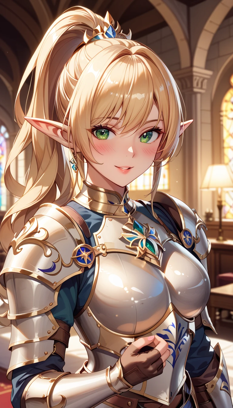 (Bust)、(( 1 woman ))、Inside a Western castle at midnight、Lamplight、((Offering a hand))、(( wear western armor、Exquisitely crafted armor ))、 Masterpiece、 high definition 、 High Quality 、32K、( elf girl 、Elf Ears)、((Beautiful blonde、 ponytail、Shiny hair quality))、 ( green eyes 、Depiction of delicate eyes )、( laughs、Look at me with a favorable eye、 blush my cheeks)、(Very close)