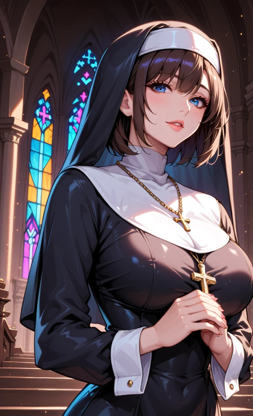 score_9, score_8_up, score_7_up, source_anime, 1woman, mature, human female, human, detailed face, jawline, smooth skin, beige skin, beautiful eyes, blue eyes, brunette, big breasts, bob cut hair, nun, habit, long sleeves, dress, black dress, jewelry, black veil, cross, cross necklace, church,
