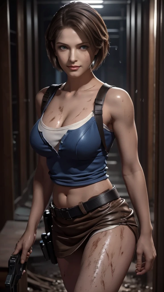 Jill Valentine da resident evil,(best qualityer,4K,8k,high resolution,work of art:1.2)(weather: rain), back alley background, city ruins, short curly hair, brown hair, blue strapless top, tight black mini skirt, brown boots, harness, police gear, sexy pose, ultra detailed,portrait,realistic,beautiful detailed blue eyes, beautiful detailed lips,extremely detailed eye and face, long eyelashes,average, medium breasts,flying hair,beaming smile, sexy smile,powerful girl, bright coloured, dramatic lighting, dirty clothes, muddy body,