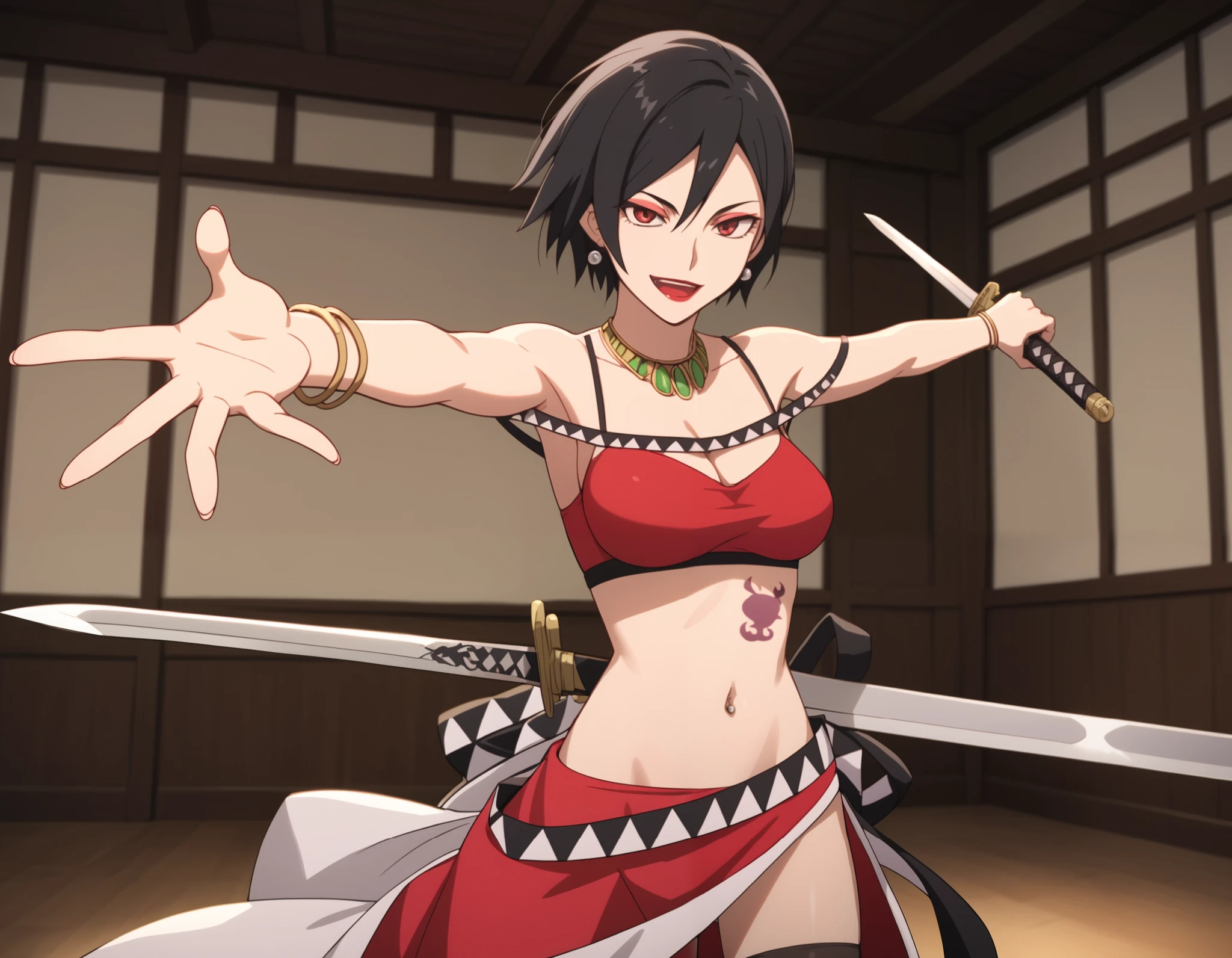 dtbshaozi, best quality, masterpiece, uncensored,1girl, solo,tsurime,black hair,stomach tattoo, midriff, short hair, breasts, navel, earrings, cleavage, medium breasts, bracelet, red eyes, necklace, makeup,lipstick, thighhighs,  indoors,room, holding a sword, sword, dual wielding, evil smile, open mouth, smile, outstretched arms, navel piercing, 