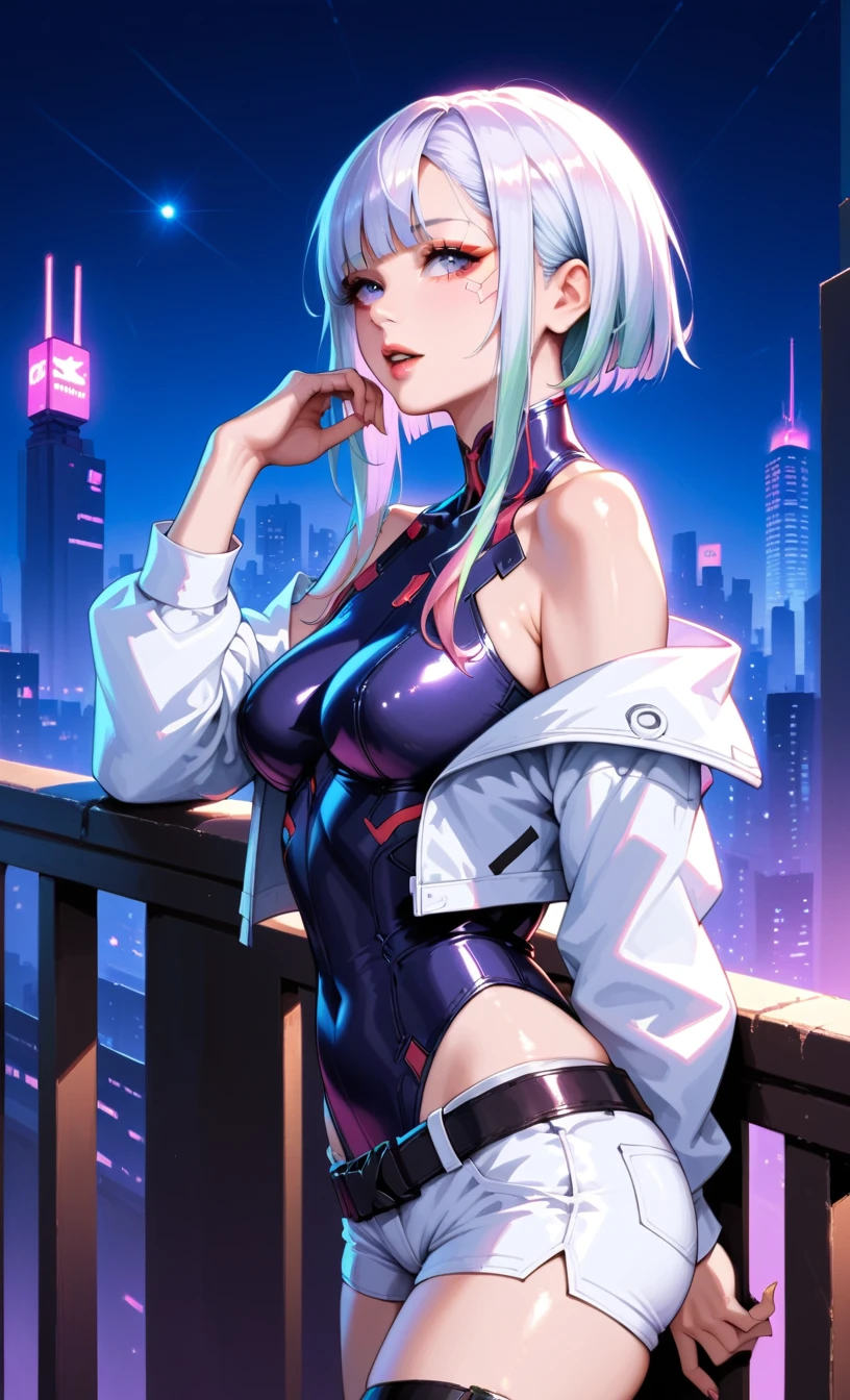 masterpiece, (photorealistic:1.4), best quality, beautiful lighting, (ulzzang-6500:0.5), lucy \(cyberpunk\), 1girl, white hair, against railing, arm rest, bangs, bare shoulders, belt, black belt, black leotard, black pants, blurry, bob cut, breasts, building, cityscape, clothing cutout, (cropped jacket), cyberpunk, depth of field, from side, gradient eyes, grey eyes, grey hair, white jacket, leotard, lips, long sleeves, looking afar, looking ahead, (mechanical parts), medium breasts, multicolored eyes, multicolored hair, night, night sky, off shoulder, open clothes, open jacket, outdoors, pants, parted lips, railing, red eyeliner, science fiction, short hair with long locks, short shorts, shorts, sidelocks, sky, solo, standing, teeth, thigh cutout, upper teeth only, white jacket, white shorts, cyberpunk \(series\), cyberpunk edgerunners, RAW photo, 8k uhd, film grain, cosplay, white wig, night, neon lights,,,, 