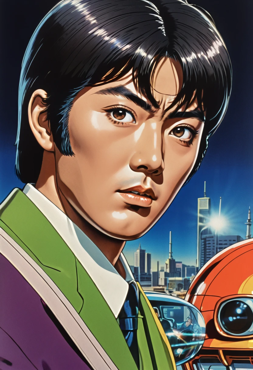  manga characters,  1970's comic art ,  1970's Japanese TV  show monster, detailed  Digital Paint,  bright color,  dynamic composition , Dramatic lighting,  vintage aesthetics  , ( top quality,4K,8k, high definition ,masterpiece:1.2), ultra detail ,( realistic ,photo realistic ,photo- realistic :1.37), extremely detailed eyes and face , has long eyelashes,Superbly illustrated , dynamic composition ,Dramatic lighting, bright color, retro anime style poster featuring retro futuristic ,1960s anime , 1970's Japanese TV , Monster Hero ,Manga art, Digital Paint