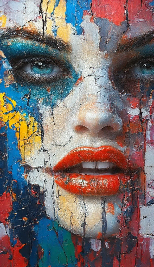 This image appears to be a vibrant and expressive painting of a woman's face. The artwork features intense, vivid colors and a textured surface. The striking details include:- **Eyes**: Bright blue, with an intense gaze.- **Lips**: Bold red, adding drama and contrast.- **Texture**: Cracked, giving an impression of age or wear, enhancing depth.- **Color Palette**: A mix of blues, reds, greens, and whites, creating a dynamic and emotionally charged effect.The composition suggests a focus on emotion and expression, typical of modern or abstract art styles. The blending of colors and textures conveys a sense of depth and complexity.