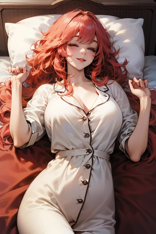 long orange hair, green eyes, pajamas, large cleavage, pale skin, waking up, in bed