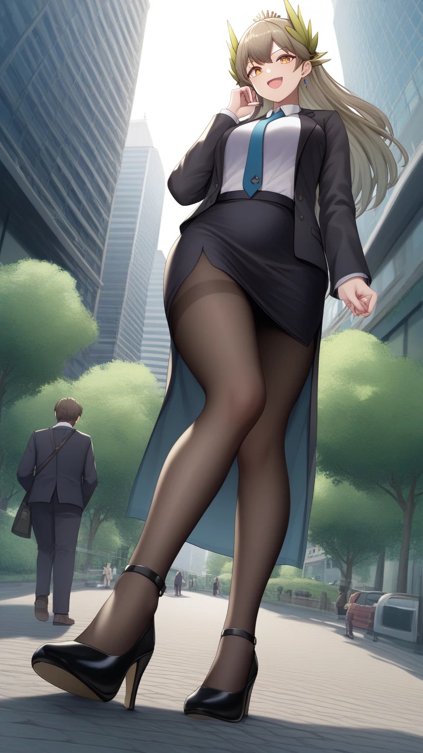 (( best quality)), giantess, microcity,giantess,( mega size:1.3), (be familiar with) perfect face　Three mature women 、Manga style illustration、Office Style、 business suit、 black jacket 、White open shirt、 black knee-length pencil skirt 、 black pantyhose、 wearing black high heel pumps、、 three are walking while chatting、Looking down and smiling 、 low angle from below 、The whole body, even the toes、Big city background, A woman trampling on a city, ((masterpiece)),muelsys_arknights