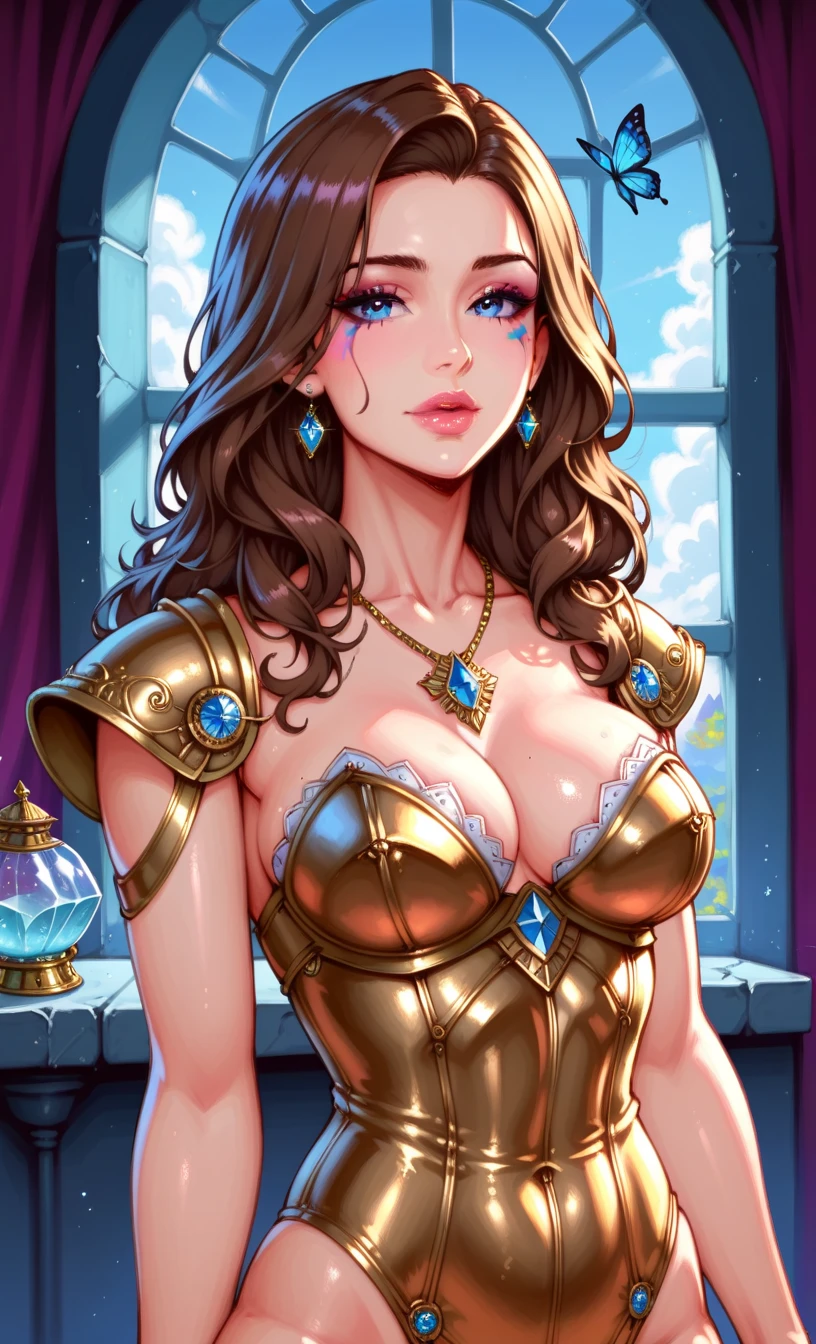 a gorgoues milf queen (sitting on her throne), (epic image), (huge drooping breasts), (cleavge), wearing royal garments, wearing a thin crown, brunette, looking at viewer, skinny waist, toned, long slender legs, slim, (huge breasts), (highly detaed face:1.4), beautiful realistic eyes, eye conact, western artsyle, Calm artstyle, calmart. paiterly artstyle, (highly detailed), no lineart,