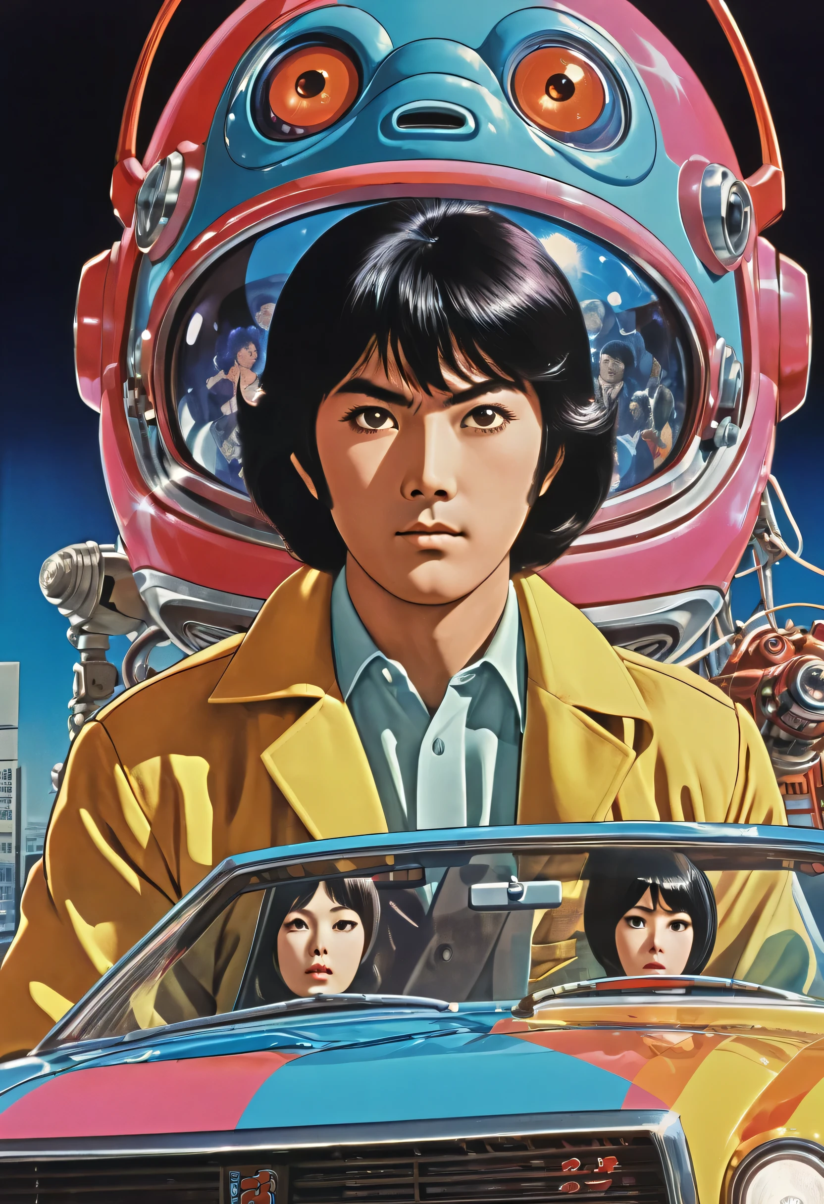  manga characters,  1970's comic art ,  1970's Japanese TV  show monster, detailed  Digital Paint,  bright color,  dynamic composition , Dramatic lighting,  vintage aesthetics  , ( top quality,4K,8k, high definition ,masterpiece:1.2), ultra detail ,( realistic ,photo realistic ,photo- realistic :1.37), extremely detailed eyes and face , has long eyelashes,Superbly illustrated , dynamic composition ,Dramatic lighting, bright color, retro anime style poster featuring retro futuristic ,1960s anime , 1970's Japanese TV , Monster Hero ,Manga art, Digital Paint