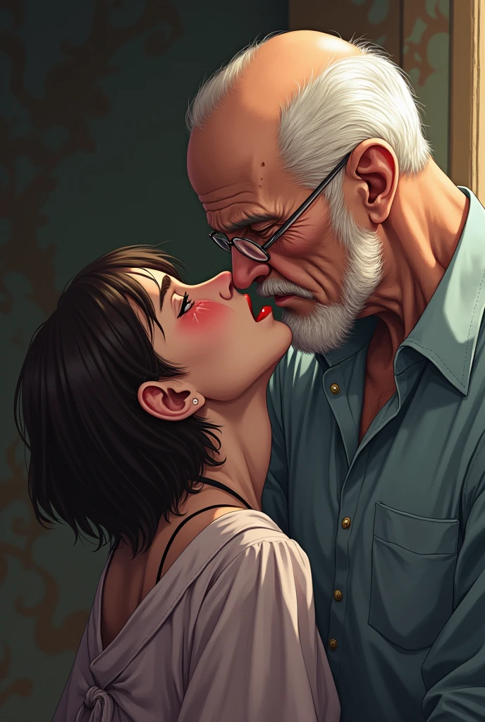 An old man sucking on a woman's breasts Both are naked and intertwined Old man with a lively cock Rejoicing Woman