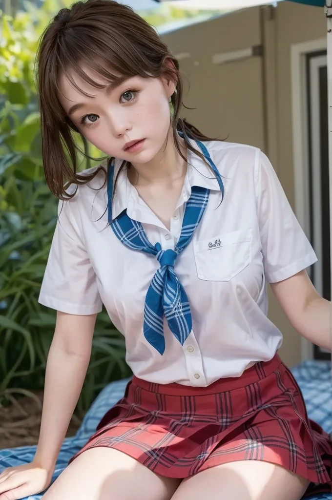 masterpiece,best quality,1 girl, {(school uniform, short sleeve shirt, summer style with light fabric, plaid skirt, and school emblem)}