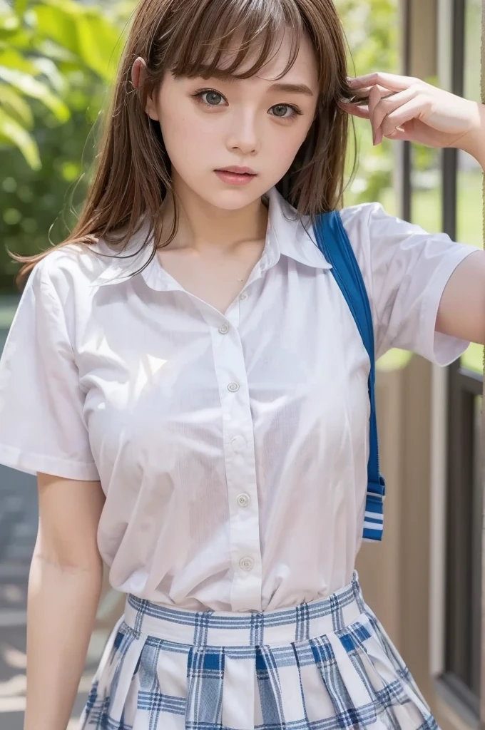 Highest quality,Ultra-high resolution,Japanese Beauty,Uniform with collar,ribbon,cute,double eyelid,Big Eyes,Brown Hair,looking at the camera,{{petite slender body}},smile,teeth,See-through clothing,Ruck sack,Bicycle commute,Pussy exposure,cute crotch,,Nipples,Sheer white panties,smile