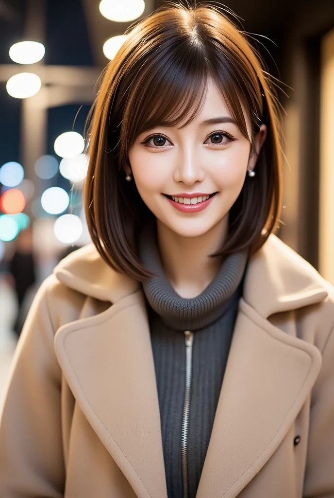 12Ｋ、ＨＤＲ、  Japanese 、 bit depth 10 bits  、(((Full body photo)))、 ( warm outerwear ),  (  realistic  ,   photo realistic  :1.4), masterpiece,      Very Delicate and Beautiful     ,    very detailed with crimson hair,      cinematic lighting,City lights at night,   COMPLETE ANATOMY  ,smile  (  hair is swaying a lot like、  light brown hair  ,)、A woman who exudes mature sex appeal 、((Snow falls in the background   ))  、((I can see snow in the background  )) 、 クリアホワイトスキン  、   happy face、((( white teeth visible)))、