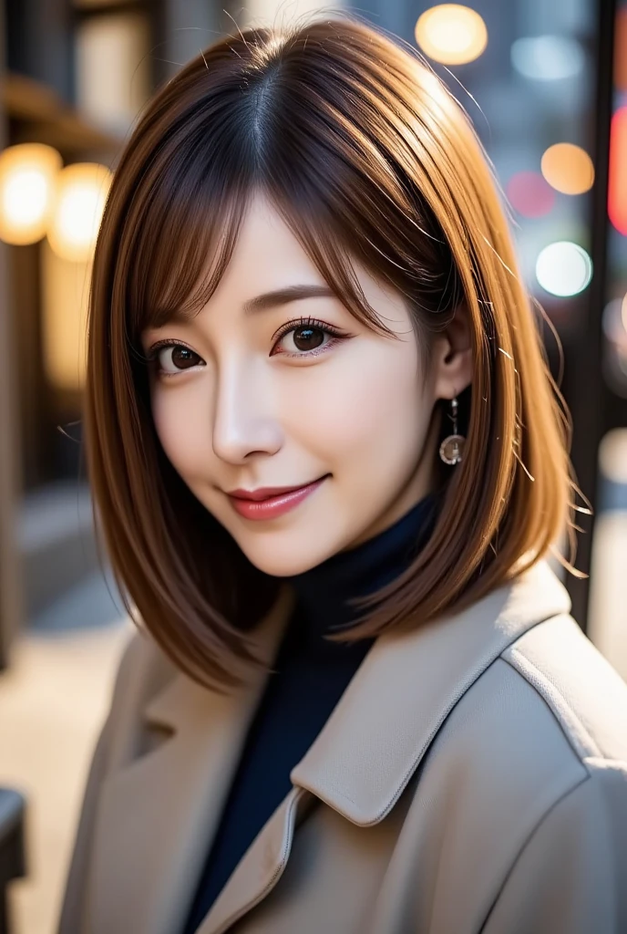 12Ｋ、ＨＤＲ、  Japanese 、 bit depth 10 bits  、(((Full body photo)))、 ( warm outerwear ),  (  realistic  ,   photo realistic  :1.4), masterpiece,      Very Delicate and Beautiful     ,    very detailed with crimson hair,      cinematic lighting,City lights at night,   COMPLETE ANATOMY  ,smile  (  hair is swaying a lot like、  light brown hair  ,)、A woman who exudes mature sex appeal 、((Snow falls in the background   ))  、((I can see snow in the background  )) 、 クリアホワイトスキン  、   happy face、((( white teeth visible)))、