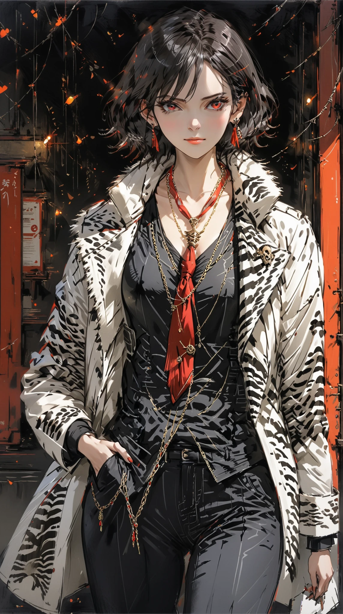 score_9, score_8_up, score_7_up, score_6_up, masterpiece, best quality, intricate details, 1girl, skinny, tall, bob cut hair \(white highlight, zigzag pattern\), earrings, old, mature, large fur coat \(fluffy, zebra pattern\), vest, red necktie, long slack pants, full body, standing, evil stare, one glowing red eye, skull necklace, floating chains, low angle, dark environment, dramatic light