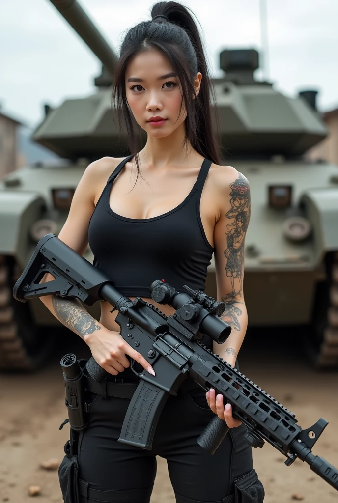 Realistic Photos、Realistic skin textures、automatic rifle、The tattoo, hat
