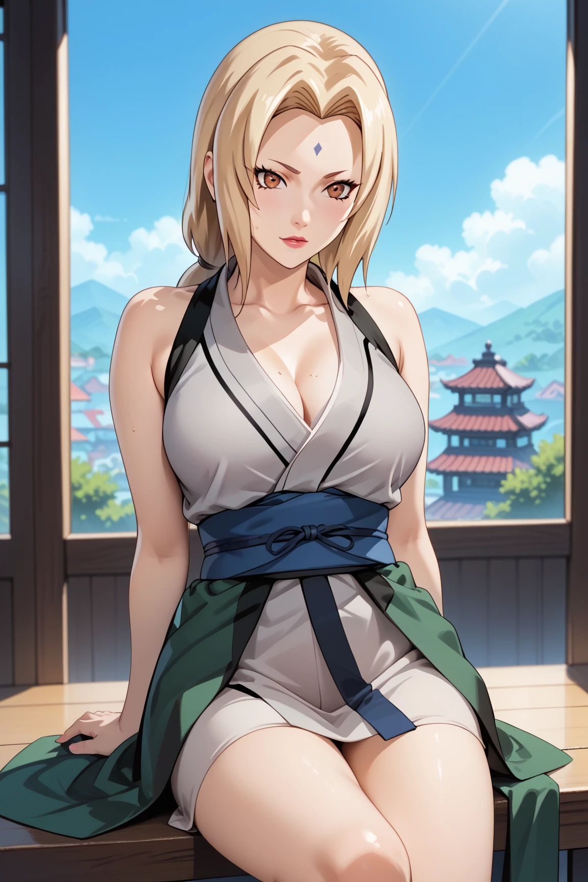 Masterpiece, extremely detailed,4k ,2D ultra graphic,anime ,solo,1girl ,tsunade,beauty face,large breasts ,grey kimono,sleeveless,sash,blue slimfit panta,body goals,slim body,slim models body,straddle,sit down,arms behind back,looking at viewers,front looks,plain white baground